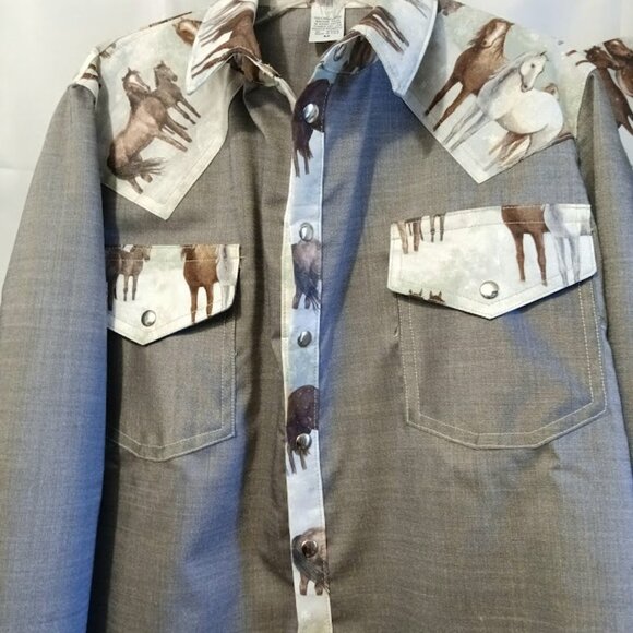 NEW Mens Western Cowboy Snap up Shirt M Dark or Light brown Horses yokes & Cuffs - Picture 4 of 12